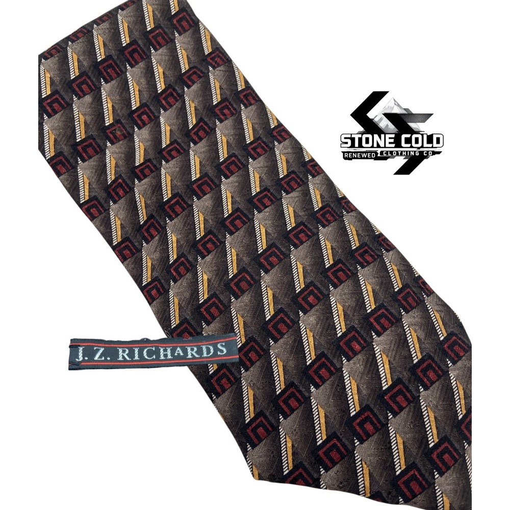 JZ Richards Silk Tie Brown Maroon Geometric Handcrafted‎ in USA